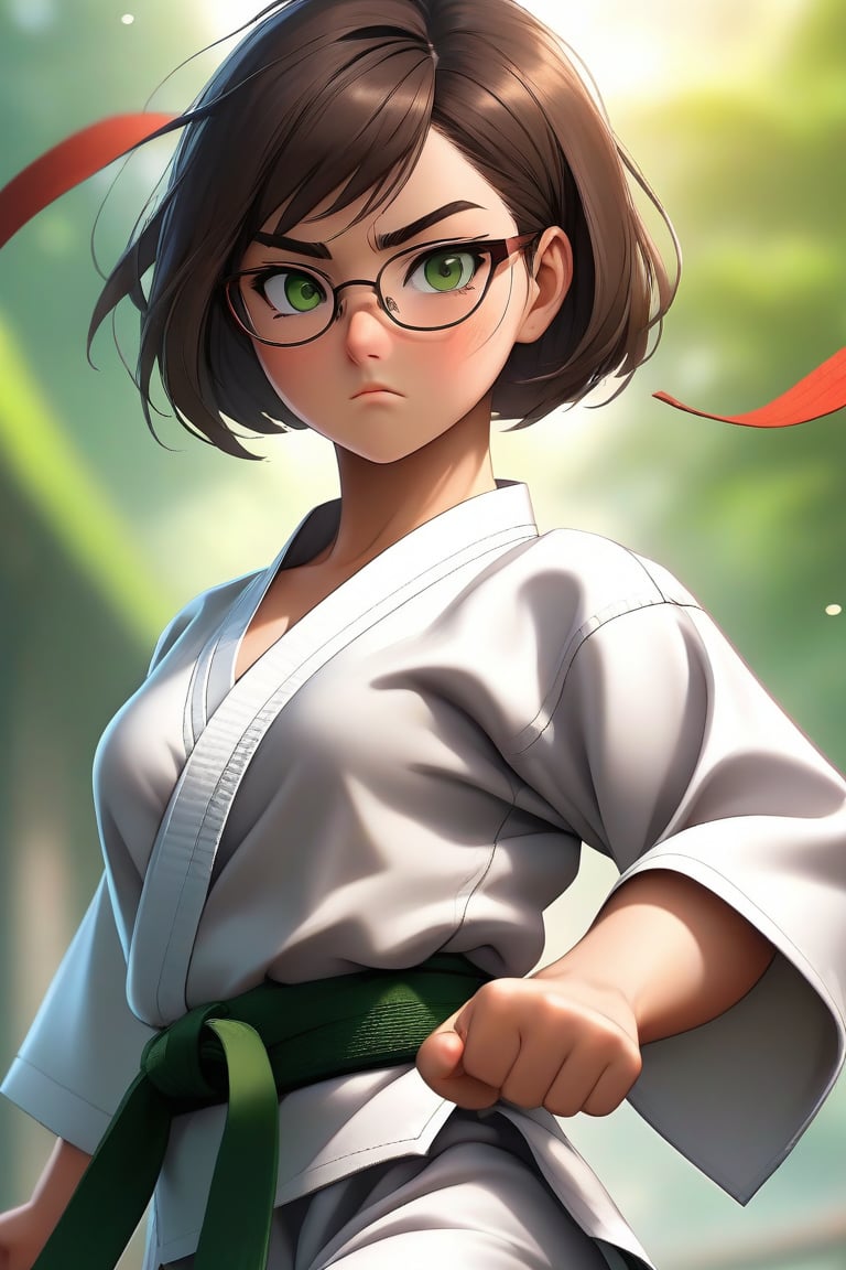 masterpiece, best quality, 1girl, frowning, wear glasses, Solo, brunette bob cut, freckle, full body shot, bare midriff, visible navel, complex background, edges, looking away, short hair, parted lips, green eyes, open karate gi, open shirt, open gi, sweat, kicking motion, wide angle lens,