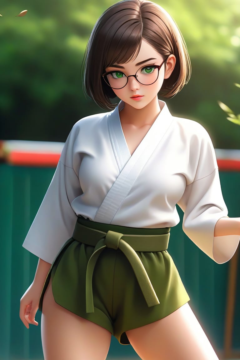 masterpiece, best quality, 1girl, frowning, wear glasses, Solo, brunette bob cut, freckle, full body, complex background, edges, looking away, short hair, parted lips, green eyes, make-up, karate uniform, open shirt, untied belt, open gi, bare midriff, visible navel, sweat, open hands, karate kick, raising leg in a forward kick motion, wide angle lens,