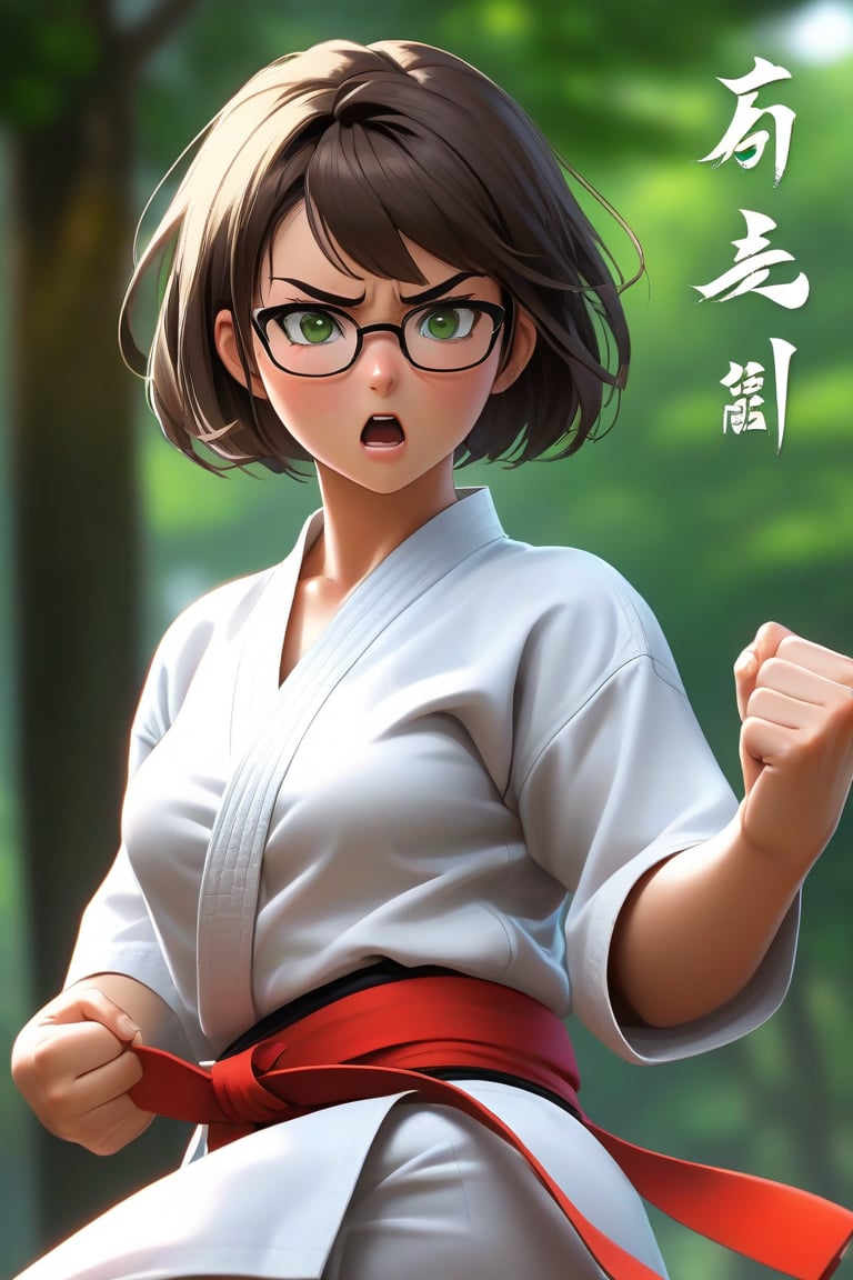 masterpiece, best quality, 1girl, frowning, wear glasses, Solo, brunette bob cut, freckle, full body shot, bare midriff, visible navel, cleavage, complex background, edges, looking away, short hair, parted lips, green eyes, open shirt, karate gi, innerboob, sweat, kicking motion, wide angle lens,