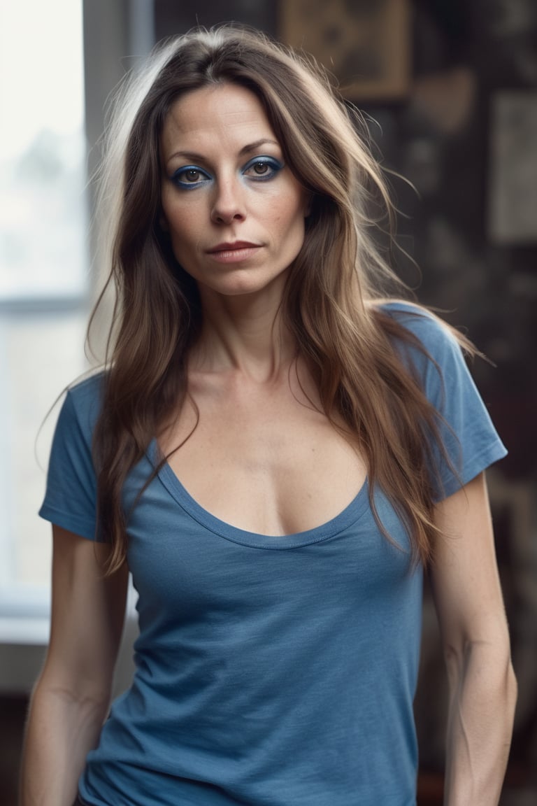 Beautiful 37 year old topless bohemian woman with long brown hair. pale lips, black winged eyeliner, small breasts, , wearing a blue t-shirt, 