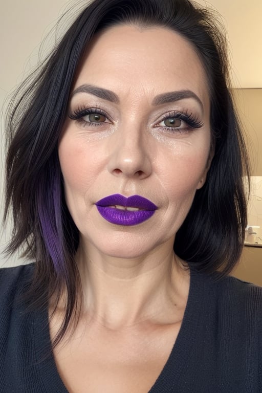 beautiful, attractive 60 year old woman with long black hair, messy hair, realistic skin, some mild wrinkles and lines, blemishes, shy, frown, very pale skin, white skin, pores, realistic skin, (purple lipstick), (mascara), (winged eyeliner), (big lips), fat lips, overbite, prominent teeth, businesswoman, elegant, beautiful, attractive,  