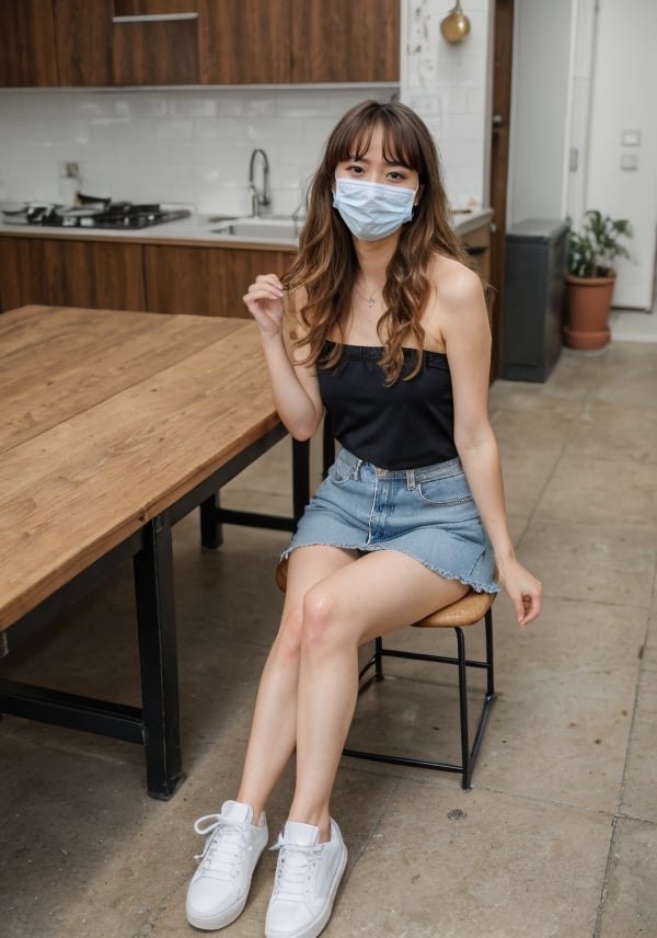 29 years old girl, blue eyes, long wavy messy brown hair with slightly blonde highlight, long front bangs, strapless black tanktop, denim micro skirt, surgical mask, covid mask, wearing headscarf, white sneaker shoes, HD, 16K, sitting down indoors, natural lighting, 