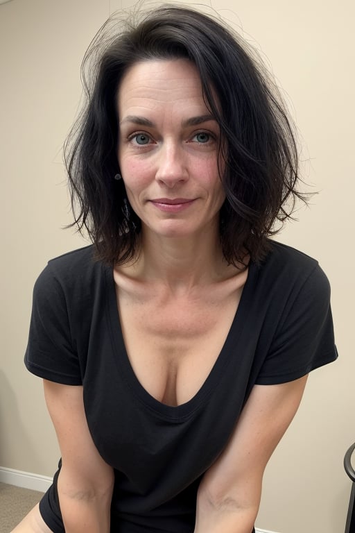 attractive 42 year old pale attractive british housewife with black straight hair and very small breasts wearing a black t-shirt, flat chested, tiny tits, flat_chest, realistic skin, some mild wrinkles, blemishes, shy, frown, no makeup, natural, shoulder length hair, (white t-shirt), messy hair, 