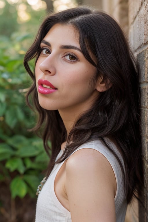 A sensual close-up portrait of a ((40 year old)) Felissa Rose with pale skin and (long black wavy hair), ((black hair)), ((pale skin)), captured in cold natural light, showcases her striking features: luscious wavy black hair, radiant flawless pale skin, and an intriguing facial expression. Framed by the Nikon D850's 50mm lens, her features are exquisitely rendered with razor-sharp focus in stunning 8K resolution, HDR capabilities highlighting every intricate detail.,FelissaRoseSlC, indoors, concrete room, chains, dungeon, view from side, small breasts, black t-shirt, (thick lips), fat lips, (wide mouth), laughter lines, mouth partially open, overbite, prominent teeth, long pointy nose, bushy eyebrows, (thick eyebrows), pale skin, eyeliner, mascara, light pink lipstick, shiny glossy lips, some lines and wrinkles,