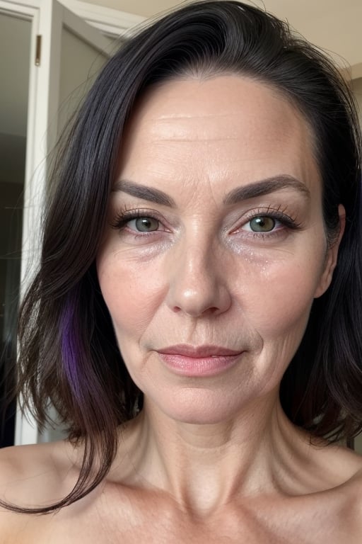 beautiful, attractive 60 year old woman with long black hair, messy hair, realistic skin, some mild wrinkles and lines, blemishes, shy, frown, very pale skin, white skin, pores, realistic skin, purple lipstick, mascara, winged eyeliner, big lips, fat lips, businesswoman, elegant, beautiful, attractive,  