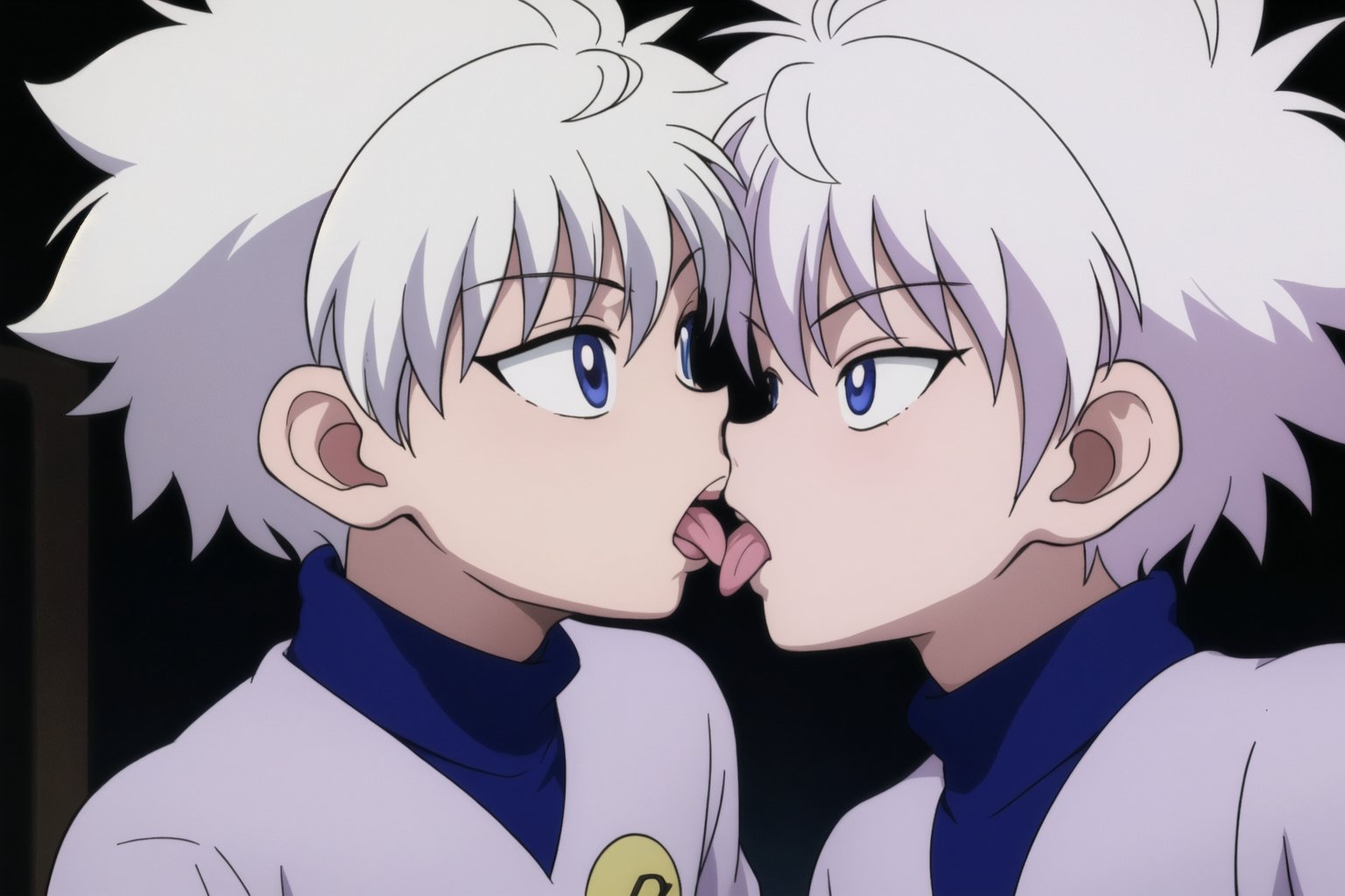 masterpiece, best quality, extremely detailed, anime, (((2boys))), ((2shota)), tongue_kiss, franch kiss, kiss each other,killua_zoldyck