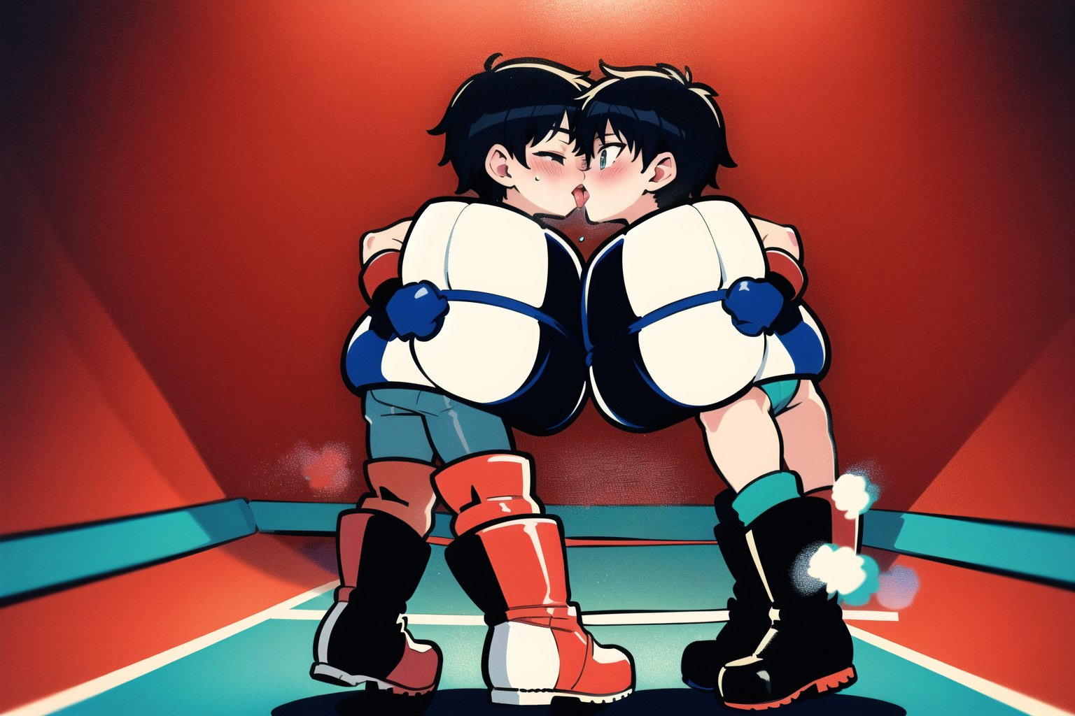 masterpiece, best quality, extremely detailed, anime, ((male forcus)), highres, illustration, (((2shota))), full body, thin body, in heat, blush,tongue_kiss , franch kiss, boxing boots, boxing trunks, kissing each other, boxing ring background