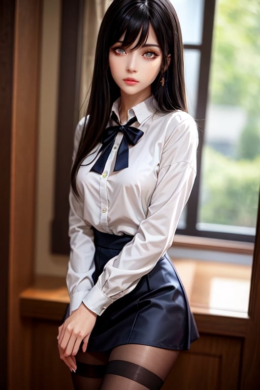 masterpiece, best quality, high definition, solo, Miko Yotsuya, yellow eyes, golden eyes, long straight hair, black hair with blue highlights at the ends), (gorgeous face), gorgeous eyes, detailed face, (detailed eyes), (((detailed hands))), ((soft smile)), photorealistic, Miko, (asian face:1.2), pantyhose, black tights, long hair, Nice legs and hot body, casual wear, blouse and skirt