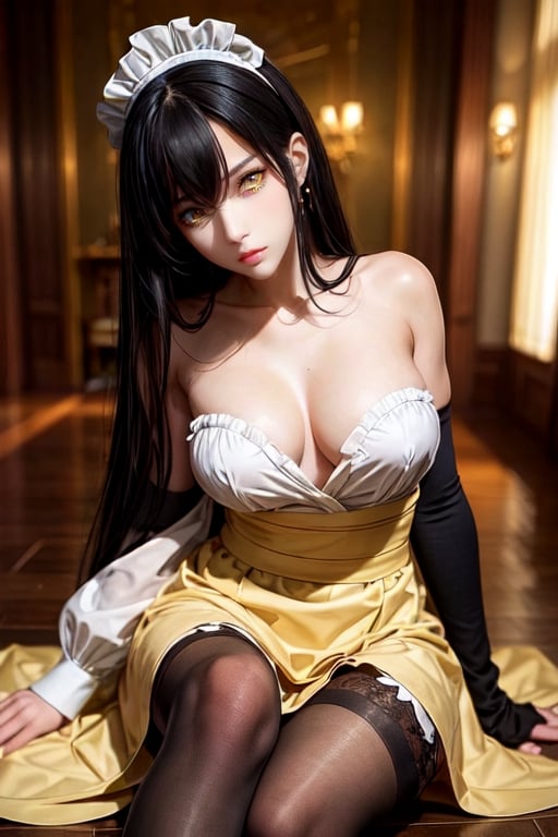 masterpiece, best quality, high definition, solo, Miko Yotsuya, yellow eyes, golden eyes, long straight hair, black hair with blue highlights at the ends), (gorgeous face), gorgeous eyes, detailed face, (detailed eyes), (((detailed hands))), ((soft smile)), photorealistic, Miko, (asian face:1.2), pantyhose, black tights, long hair, maid,Nice legs and hot body