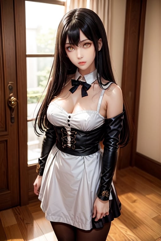 masterpiece, best quality, high definition, solo, Miko Yotsuya, yellow eyes, golden eyes, long straight hair, black hair with blue highlights at the ends), (gorgeous face), gorgeous eyes, detailed face, (detailed eyes), (((detailed hands))), ((soft smile)), photorealistic, Miko, (asian face:1.2), pantyhose, black tights, long hair, maid