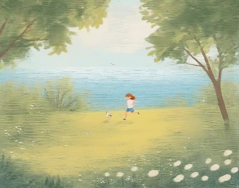 illustrations, 1 boy 1girl, running, Grass field, Bright colors, Birdsong, Flowers blooming, Blue sky, White clouds, Sunny day, Joyful scene, happy mood, Nature, Playful activity, Summer day, Scenic landscape