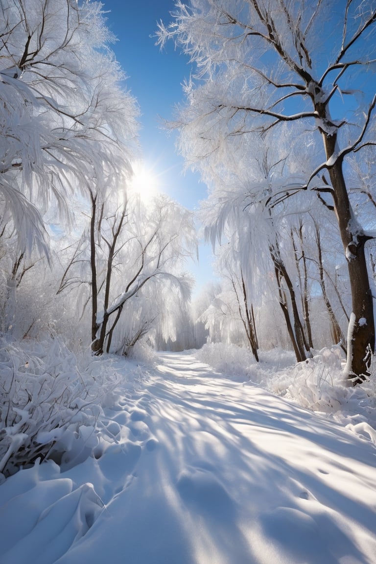 winter, wrapped in silver, the earth blanketed in pristine white snow, tree branches adorned with translucent icicles, under the sunlight, the snow sparkles with enchanting radiance, creating a pure and tranquil scene, akin to stepping into a winter wonderland from a fairytale, ultra-realistic, ultra-clear, intricate details, captured by a super wide-angle lens 16k