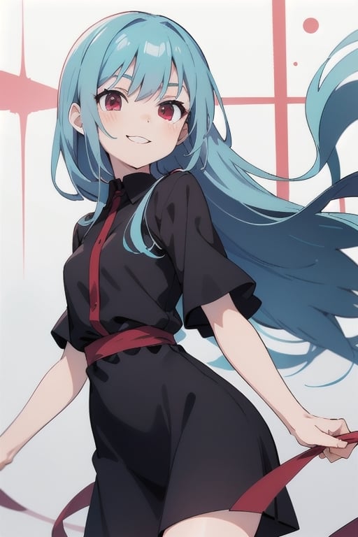 Anime girl long hair blue hair red eyes pale skin black dress smile