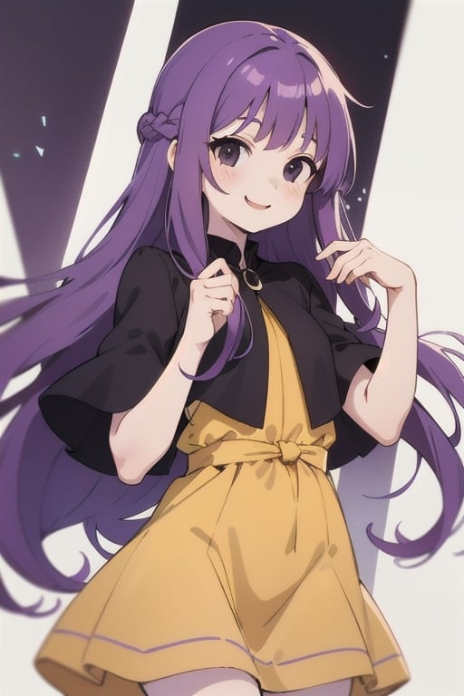 Anime girl long hair purple hair black eyes pale skin yellow dress smile