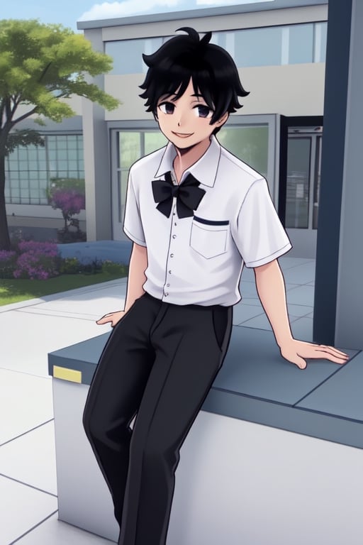 Taro Yamada 1boy black hair black eyes black school clothes smile