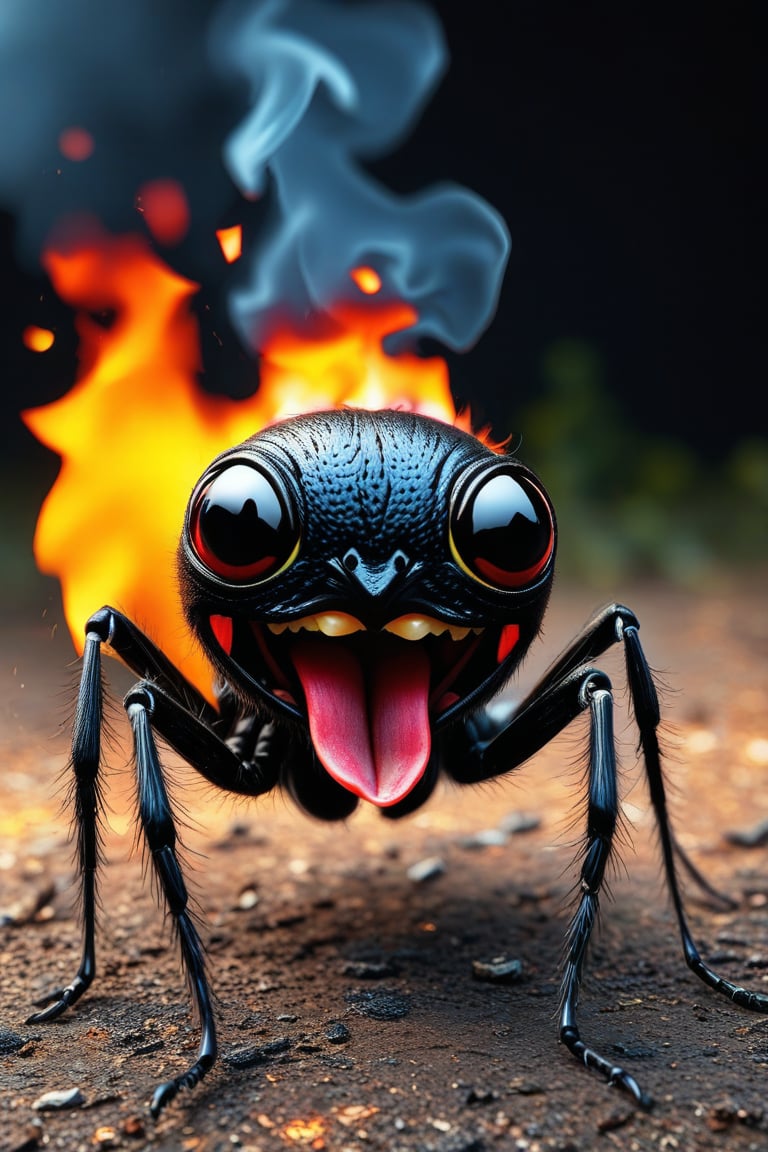 A torched spiderling, its tiny body charred but oddly intact, flashes a large, exaggerated grin, with its cartoonishly long tongue playfully hanging out. Despite its singed appearance, the spiderling's expression is almost mischievous, as if it's unfazed by its fiery encounter. The surreal contrast between its burnt state and the comical, carefree grin adds a twisted, darkly humorous element to the scene 