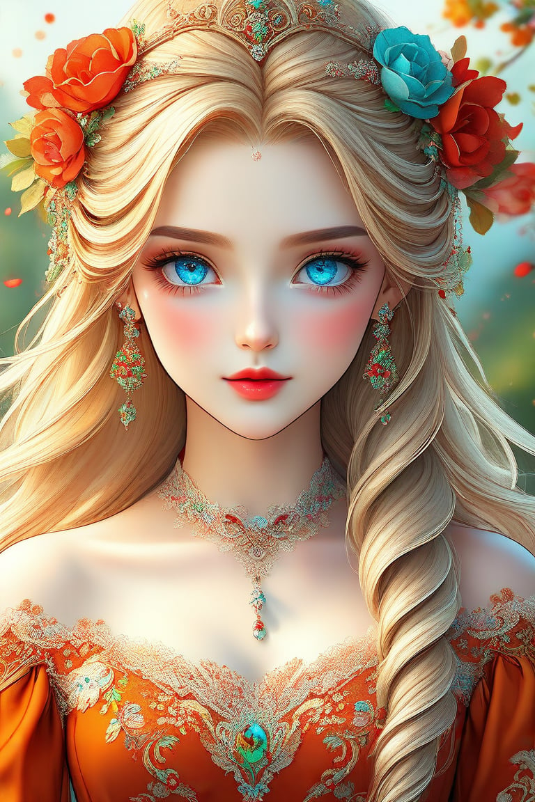 ((Best quality, 8k, Masterpiece :1.3)), 1girl, Pretty woman :1.3, Ultra-detailed face, Detailed eyes, Double eyelid, Princess, ((fantasy)), ((beautiful orange and red royal dress)), ((intricate flower design)), many details, transparent part, ((long wavy blonde hair)), braided hair, green and blue mystical eyes, full body image
