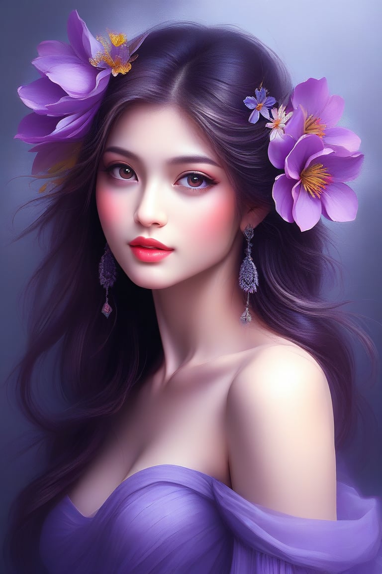 a close up of a woman in a dress with a flower on her head, a beautiful artwork illustration, beautiful illustration, by Li Song, by Ni Tian, by Chen Lin, beautiful!!! digital art, exquisite digital illustration, beautiful digital illustration, by Yu Zhiding, dreamy illustration, by Mei Qing, draped in purple, by Xie Sun, dressed in purple
