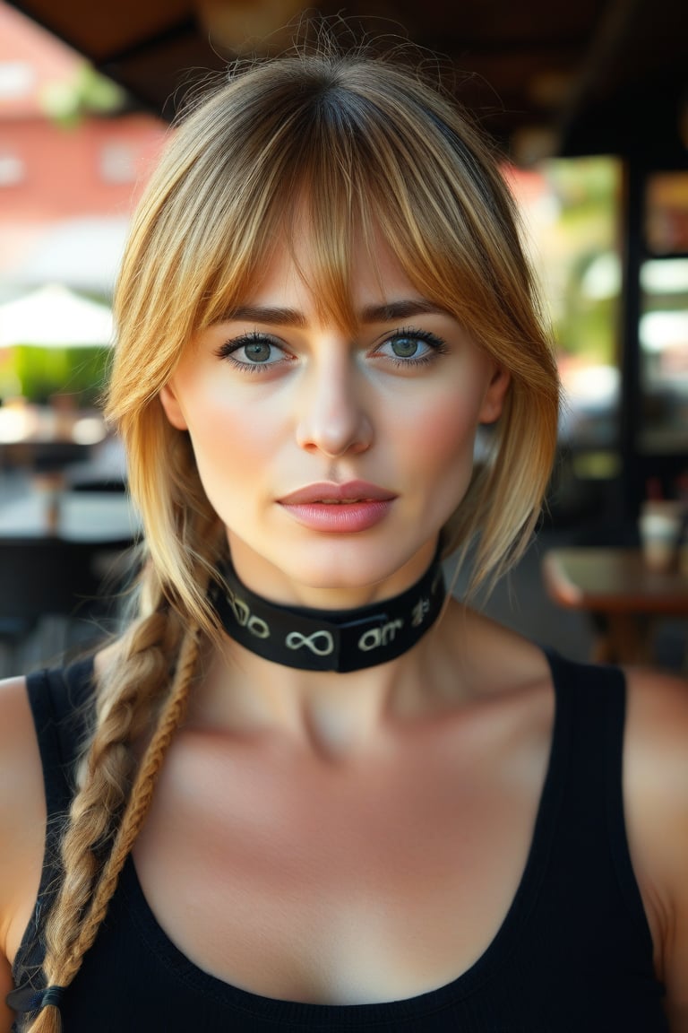 Close face portrait. Dakota Johnson face, 40 years old, deep eyes, looking straight, slim woman, skinny body, very beautiful, blonde hair, quad braids, wearing an off-shoulder tight t-shirt, black choker, cleavage, closeup portrait, in a outdoor cafe in 2015, afternoon light,
