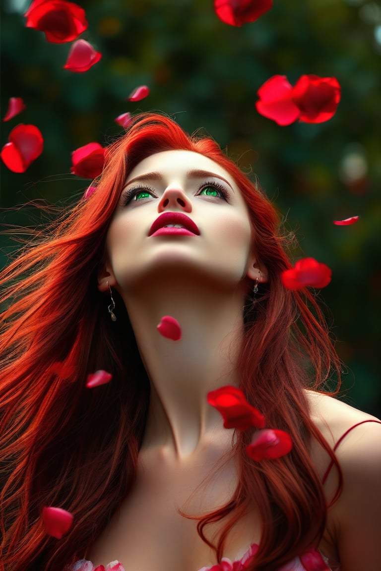 (best quality, realistic, ultra-detailed), a beautiful woman looking up, hair blowing in the wind, and red rose petals falling. perfect makeup, detailed eyes, and lips, long flowing red hair and green eyes, graceful pose, vibrant colors, soft lighting, romantic atmosphere, elegant and confident expression, delicate features, flowing dress, natural surroundings, dreamy ambiance. canon eos r3, 20 megapixels
