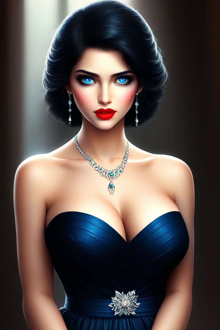 (masterpiece, best quality:1.2), bellissima 1girl, solo, breasts, looking at viewer, blue eyes, black hair, dress, cleavage, bare shoulders, jewelry, collarbone, earrings, parted lips, necklace, mole, lips, makeup, lipstick, realistic, red lips
