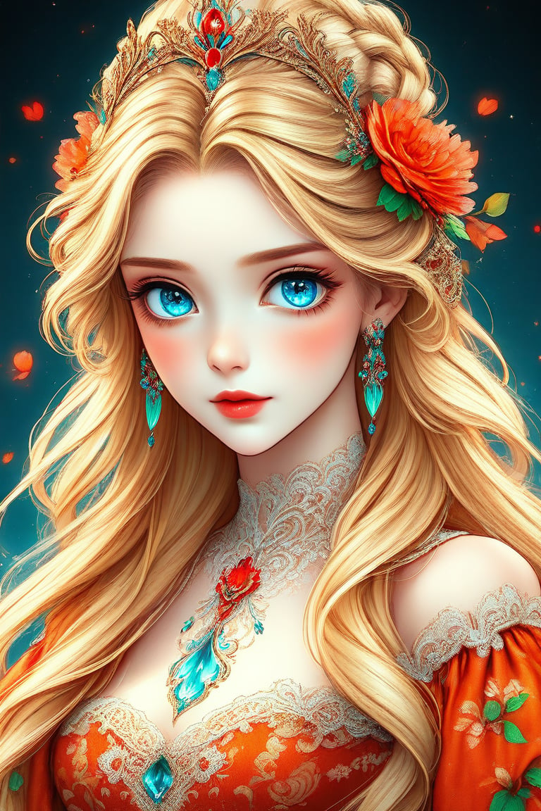 ((Best quality, 8k, Masterpiece :1.3)), 1girl, Pretty woman :1.3, Ultra-detailed face, Detailed eyes, Double eyelid, Princess, ((fantasy)), ((beautiful orange and red royal dress)), ((intricate flower design)), many details, transparent part, ((long wavy blonde hair)), braided hair, green and blue mystical eyes, full body image
