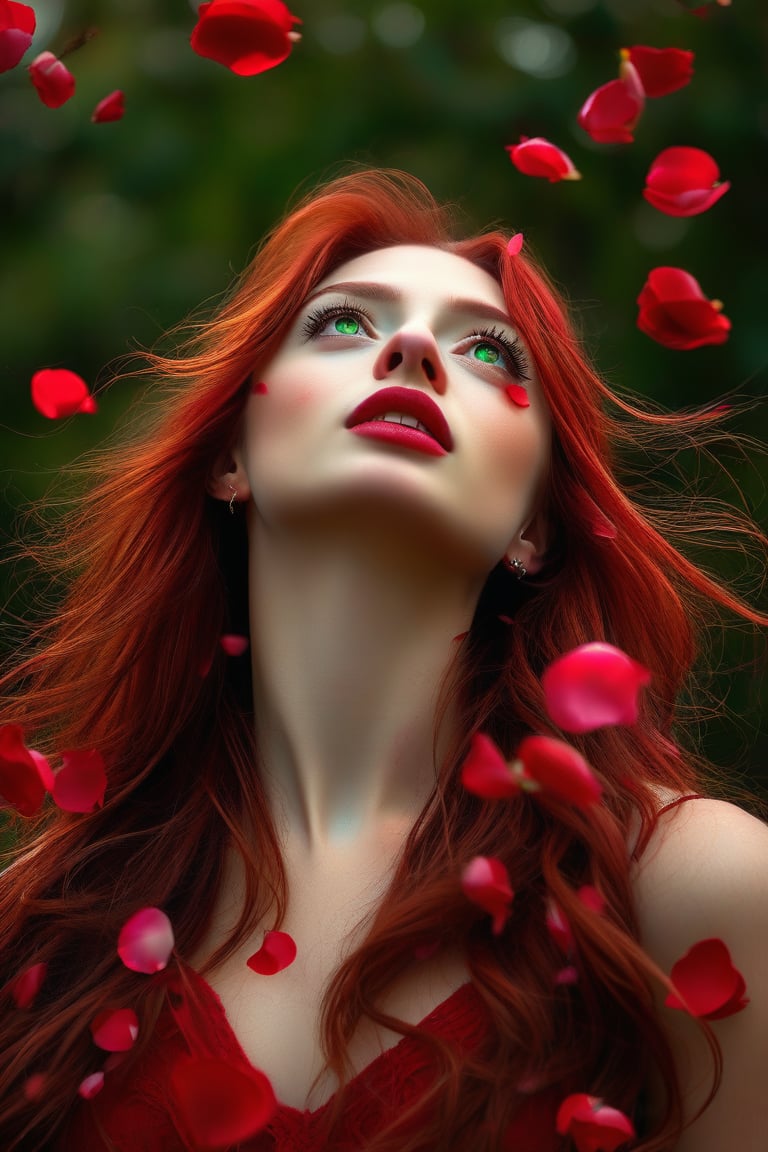 (best quality, realistic, ultra-detailed), a beautiful woman looking up, hair blowing in the wind, and red rose petals falling. perfect makeup, detailed eyes, and lips, long flowing red hair and green eyes, graceful pose, vibrant colors, soft lighting, romantic atmosphere, elegant and confident expression, delicate features, flowing dress, natural surroundings, dreamy ambiance. canon eos r3, 20 megapixels
