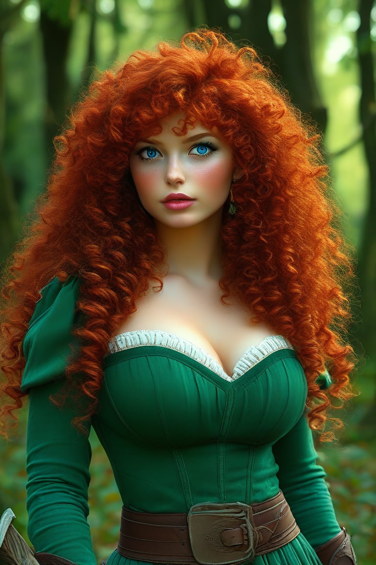 masterpiece, best quality, expressive eyes, perfect face, big eyes, looking at viewer, large breast, big breast, small waist, , Best Quality, Realistic, perfect figure, highly detailed, showing cleavage, dressed as merida from brave, Red curly hair, big hair, blue eyes, Green outfit, in the forest, bow and arrow, detailed dress, freckles on her face, cheek blush, big puffy hair, very curly hair
