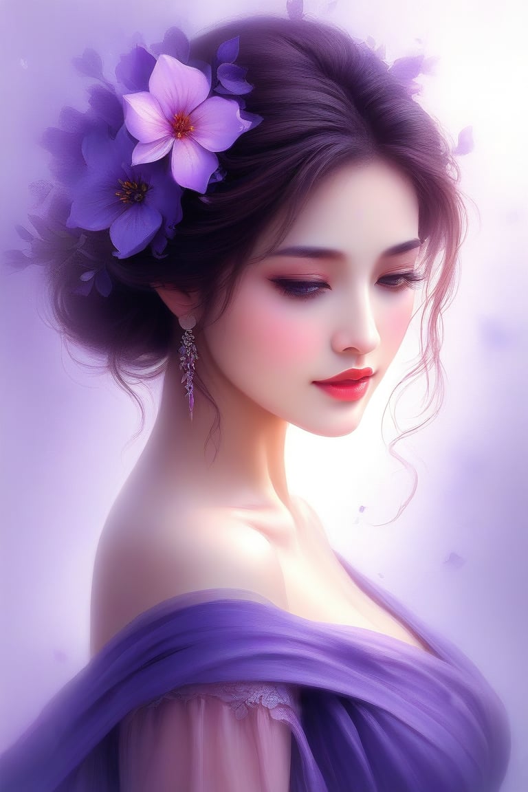 a close up of a woman in a dress with a flower on her head, a beautiful artwork illustration, beautiful illustration, by Li Song, by Ni Tian, by Chen Lin, beautiful!!! digital art, exquisite digital illustration, beautiful digital illustration, by Yu Zhiding, dreamy illustration, by Mei Qing, draped in purple, by Xie Sun, dressed in purple
