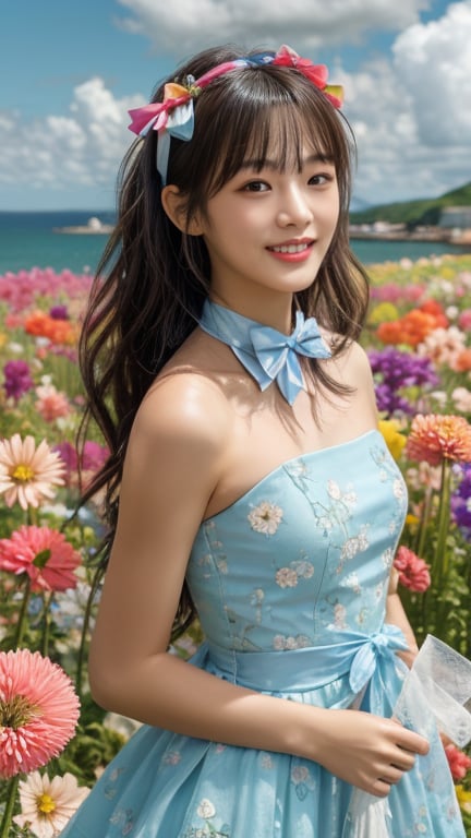 One girl, solo, long hair, looking at the viewer, bangs, brown hair, strapless, colorful floral dress, outdoors, clouds in the sky, sea view, flower field full of flowers, flowers in hand, Bowknot, ribbon, hair ribbon, hairband, open lips, bow tie, lips, bowknot, ribbon, realistic, 16 years old, height 150cm, lovely smile, teeth, Leonardo