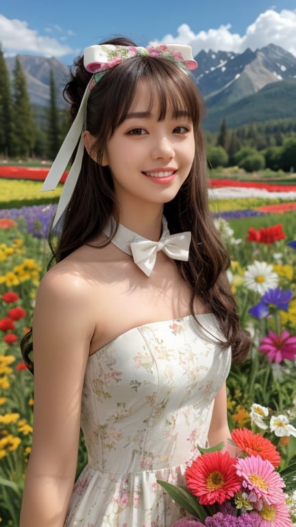 One girl, solo, long hair, looking at the viewer, bangs, brown hair, strapless, colorful floral dress, outdoors, mountain view, in a flower field full of flowers, flowers in hand Has, bowknot, ribbon, hair ribbon, hair band, open lips, bow tie, lips, bowknot, ribbon, realistic, 16 years old, height 150cm, nice smile, teeth, Leonardo