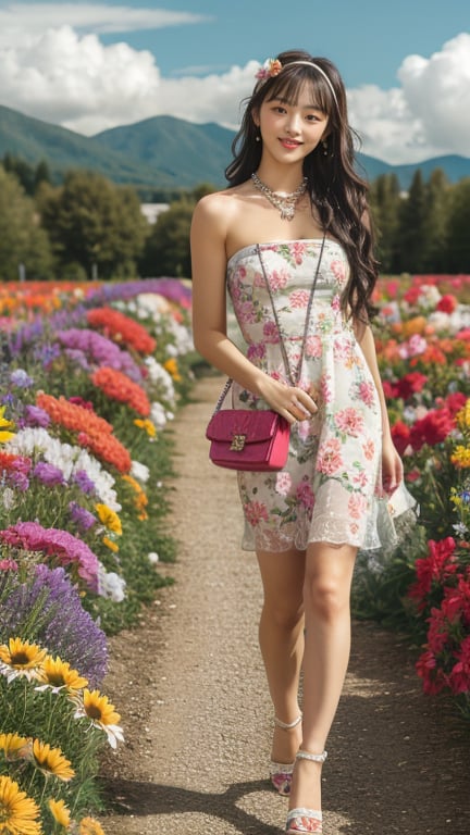 1 girl, solo, long hair, looking at viewer, bangs, brown hair, strapless, full body, pretty face, nice style, colorful floral dress, high heels, outdoors, clouds in the sky, mountain view , flower field, headband, open lips, lips, real, 16 years old, 150 cm tall, adorable smile, teeth, earrings, necklace, shoulder bag, Leonardo