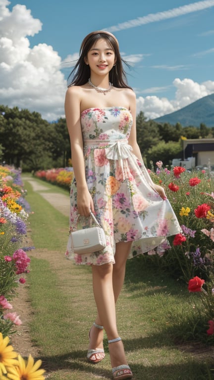 1 girl, solo, long hair, looking at viewer, bangs, brown hair, strapless, full body, colorful floral dress, high heels, outdoors, clouds in the sky, mountain view, flower field, headband, open Lips, lips, real, 16 years old, height 150 cm, adorable smile, teeth, earrings, necklace, shoulder bag, Leonardo