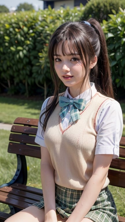 Masterpiece, Best Quality, High Resolution, 1 Female, Solo, Long Hair, Brown Hair, Ponytail, Parted Bangs, Blue Eyes, Uniform, Red Bow Tie, White Shirt, Short Sleeves, Pink Sweater Vest, Tartan Plaid Skirt, Sitting , outdoor, white bench, smiling, 16 years old,smile,