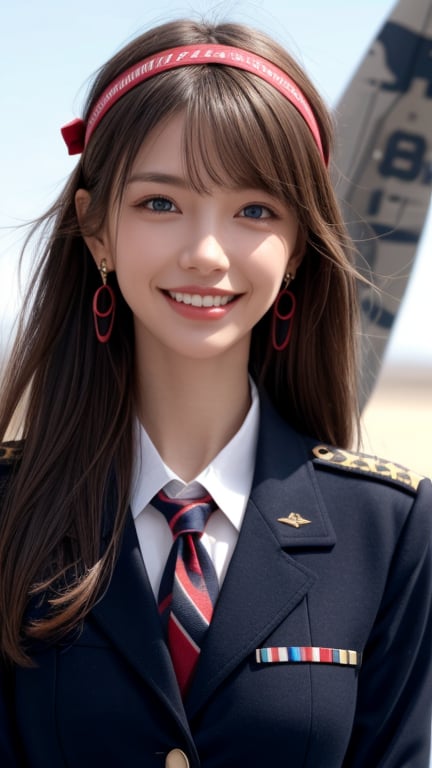 One girl, solo, long hair, looking at the viewer, teeth, smile, bangs, brown hair, realistic, tight uniform, navy uniform, military jacket, aircraft carrier deck, sea, upper body, next to a fighter jet Standing, realistic, middle of the chest, earrings, blue eyes, lips, ribbon headband, lips, ribbon, realistic, open lips, looks good in a fighter jet, 18 years old, has a nice smile,