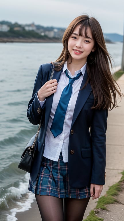 Surreal portrait of a 16 year old girl with long beautiful hair. She wears her school uniform's navy blue blazer over a white shirt, paired with a tartan tie and skirt. She is painting an image. Her brown hair is complemented by her blunt bangs that frame her face. She is standing quietly on the shore near the sea with a gentle smile on her face, her blue eyes radiating warmth. Her modest red ribbon adds a charming touch to her uniform attire. A smile, knee-length tights,