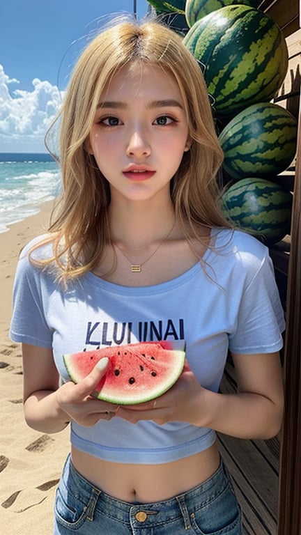Korean female, 16 years old, long blonde shiny fairy hair, oversized t-shirt in Karaul, shorts, blue jeans, going to the beach and breaking watermelon, smiling, blue eyes, beautiful face, smiling, loud Laughs, wears necklace and earrings, (Luanmei)