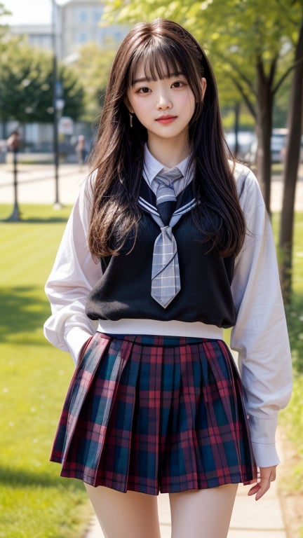 (Masterpiece), (Top Quality), (Super Detailed), (Very Detailed), (Perfect Anatomy), (Super Detailed Skin), (Detailed), (Beautifully Detailed Eyes), 1 Girl, 16 years old, solo, black hair, very long hair, blunt bangs, black eyes, (plaid skirt), (uniform), (white shirt), (sailor uniform: 1.1), partially white socks, white sneakers, ( plaid tie), curvaceous, eyebrows, sideways glances, park, forest and flower garden, nice smile, standing,