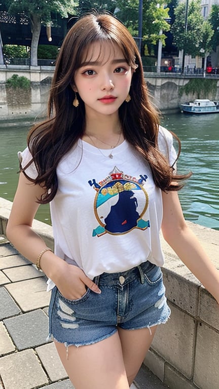 16 year old Korean woman, smiling, long brown hairstyle, simple and fashionable colorful T-shirt and shorts, blue jeans and sneakers, white sneakers, walking on the banks of the Seine River in France, background, earrings, Necklace, 150cm, (Luanmei)