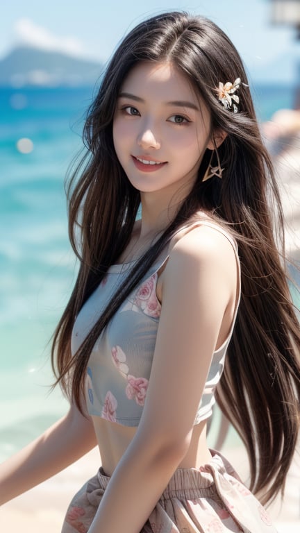 Background is Capri, Italy, sea, horizon, beach, one 16 year old girl, beautiful girl, Korean girl, standing on the beach, wearing a black sleeveless shirt and a white wide skirt (floral pattern). Happy smile, solo, {beautiful detailed eyes}, dark eyes, calm expression, delicate features, ((model pose)), attractive figure, small waist, (black hair), very long hair, Waist-length hair, dreadlocks, pale skin, detailed skin, hairpins, thin grain, real hands, masterpiece, top quality, 32k, vivid colors, photorealistic, super detailed, finely detailed, high resolution, perfect dynamic composition, beautiful detailed eyes, sharp focus, cowboy shot, smile,