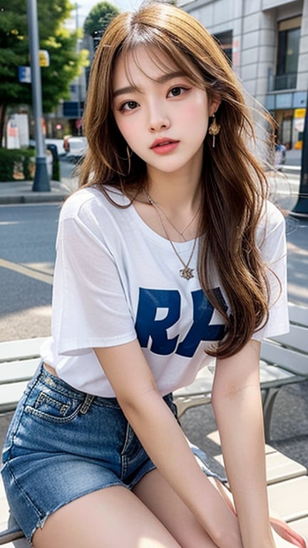 Korean female, 16 years old, long blonde shiny fairy hair, oversized t-shirt in Karaul, shorts, blue jeans, riding on a white car bench, smiling, blue eyes, beautiful face, smiling, loud Laughing, wearing a necklace and earrings, (Luan Mei), smiling,