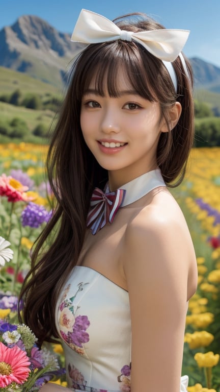 One girl, solo, long hair, looking at the viewer, bangs, brown hair, strapless, colorful floral dress, outdoors, mountain view, in a flower field full of flowers, flowers in hand Has, bowknot, ribbon, hair ribbon, hair band, open lips, bow tie, lips, bowknot, ribbon, realistic, 16 years old, height 150cm, nice smile, teeth, Leonardo