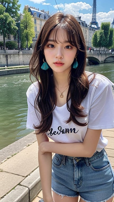 16 year old Korean woman, smiling, long brown hairstyle, simple and fashionable colorful T-shirt and shorts, blue jeans and sneakers, white sneakers, walking on the banks of the Seine River in France, background, earrings, Necklace, 150cm,smile,(Luanmei)