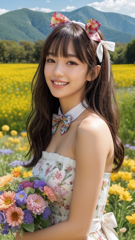 One girl, solo, long hair, looking at the viewer, bangs, brown hair, strapless, colorful floral dress, outdoors, mountain view, in a flower field full of flowers, flowers in hand Has, bowknot, ribbon, hair ribbon, hair band, open lips, bow tie, lips, bowknot, ribbon, realistic, 16 years old, height 150cm, nice smile, teeth, Leonardo