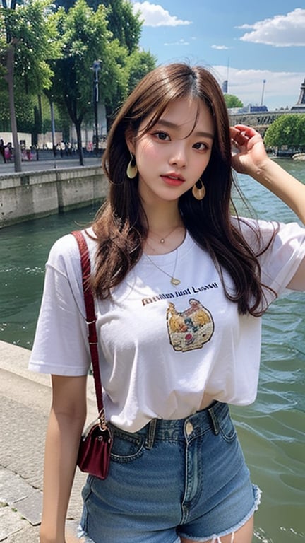 16 year old Korean woman, smiling, long brown hairstyle, simple and fashionable colorful T-shirt and shorts, blue jeans and sneakers, white sneakers, walking on the banks of the Seine River in France, background, earrings, Necklace, 150cm, (Luanmei)