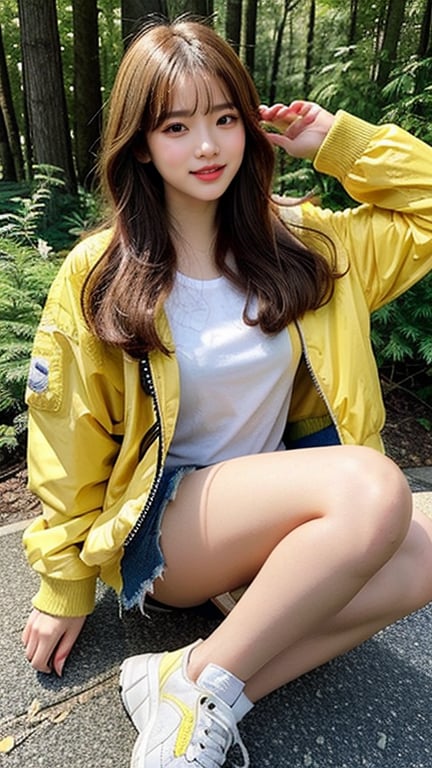 18 year old Korean woman, blonde pixie shorts hairstyle, oversized yellow jacket, bomber M1, shorts, blue jeans, white sneakers, all forest background, smiling, (Ruan-mei)