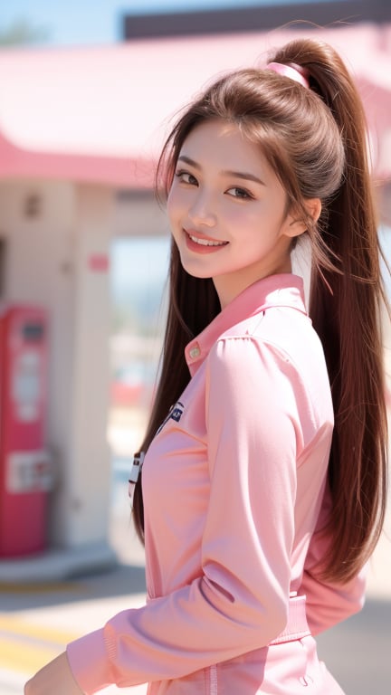 Gas station, 16 years old, beautiful girl, happy smile, very long ponytail, straight hair, brown hair, wearing long sleeve jumpsuit (pink color), top quality, 32k, photorealistic, super detailed, in every detail High resolution, perfect dynamic composition, beautiful detailed eyes, sharp focus, whole body, cowboy shot, smile, smile,