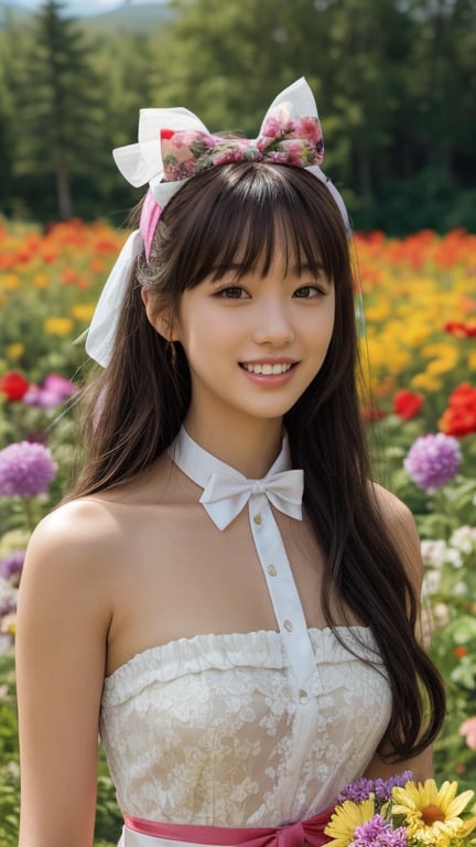 One girl, solo, long hair, looking at the viewer, bangs, brown hair, strapless, colorful floral dress, outdoors, mountain view, in a flower field full of flowers, flowers in hand Has, bowknot, ribbon, hair ribbon, hair band, open lips, bow tie, lips, bowknot, ribbon, realistic, 16 years old, height 150cm, nice smile, teeth, Leonardo