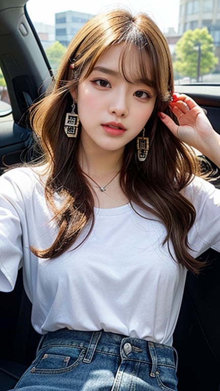 Korean female, 16 years old, long blonde shiny pixie hair, oversized t-shirt, shorts, blue jeans, driving a white car Mercedes-Benz, smiling, blue eyes, beautiful face, Smiling, laughing out loud, wearing a necklace and earrings, (Luan Mei), smiling,
