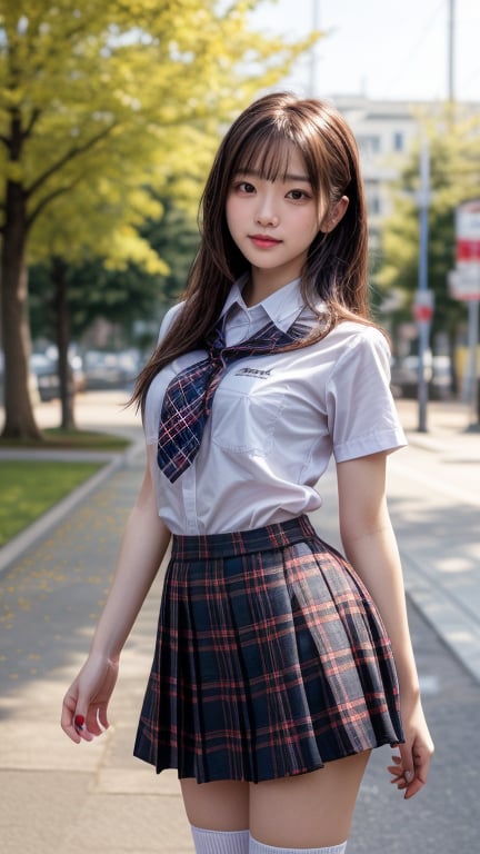 (Masterpiece), (Top Quality), (Super Detailed), (Very Detailed), (Perfect Anatomy), (Super Detailed Skin), (Detailed), (Beautifully Detailed Eyes), 1 Girl, 16 years old, solo, black hair, very long hair, blunt bangs, black eyes, (plaid skirt), skirt, (uniform), (white shirt), (sailor uniform: 1.1), partially white socks, white sneakers , (plaid tie), curvaceous, eyebrows, sideways glance, park, forest and flower garden, body, nice smile, standing,